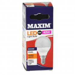 MAXIM LED WARM WHITE PEARL LIGHT BULB ROUND SES 6W=40W 470 LUMEN X10