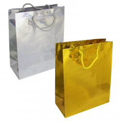 GIFT BAGS HOLOGRAPHIC BAG LARGE GOLD+SILVER X12